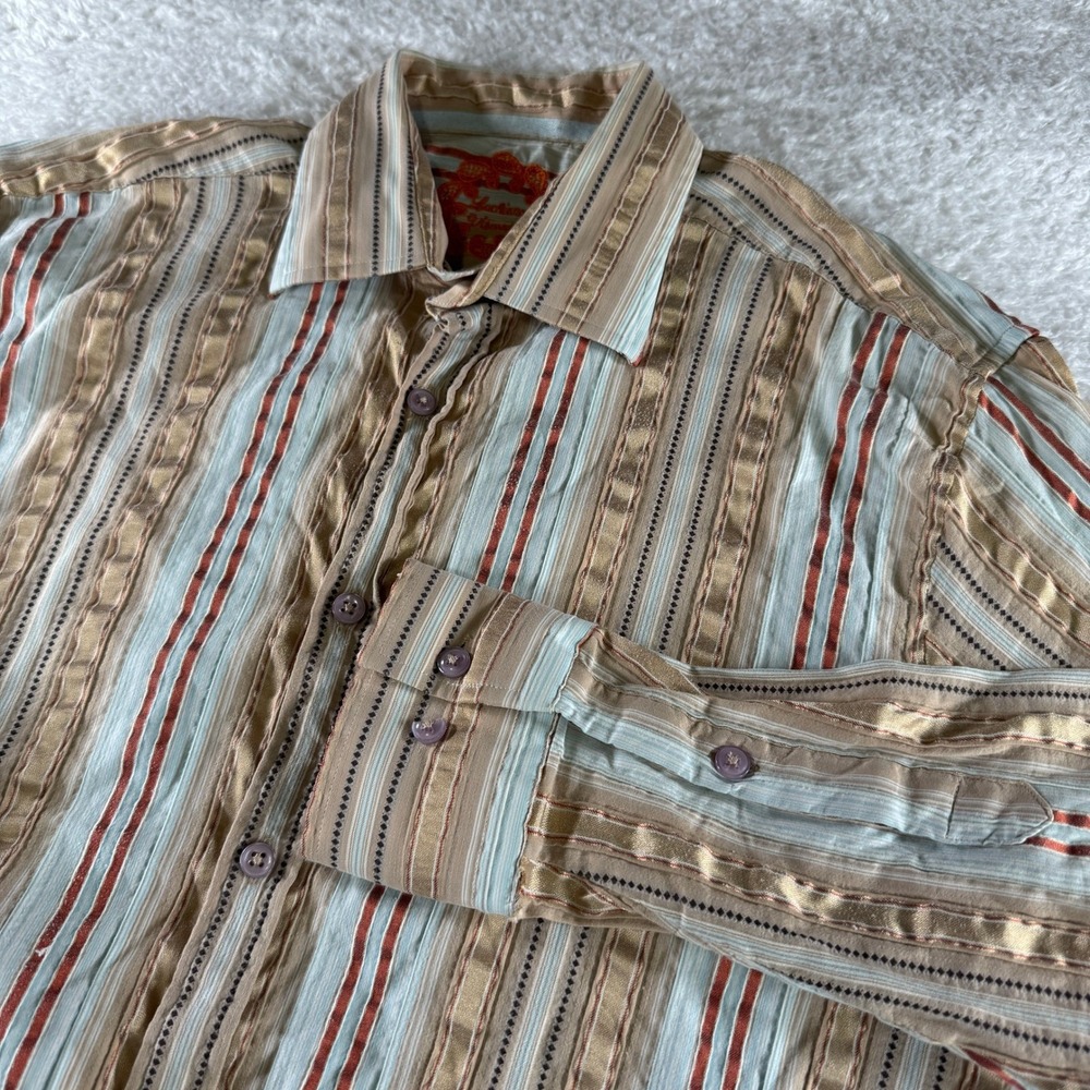 Luchiano Visconti Shirt Mens Size Medium Tan Orange Stripe Long Sleeve Button Up
